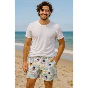 Free Planet Men Small Tropical‎ White Swim Shorts Activewear Vacation Surfer
